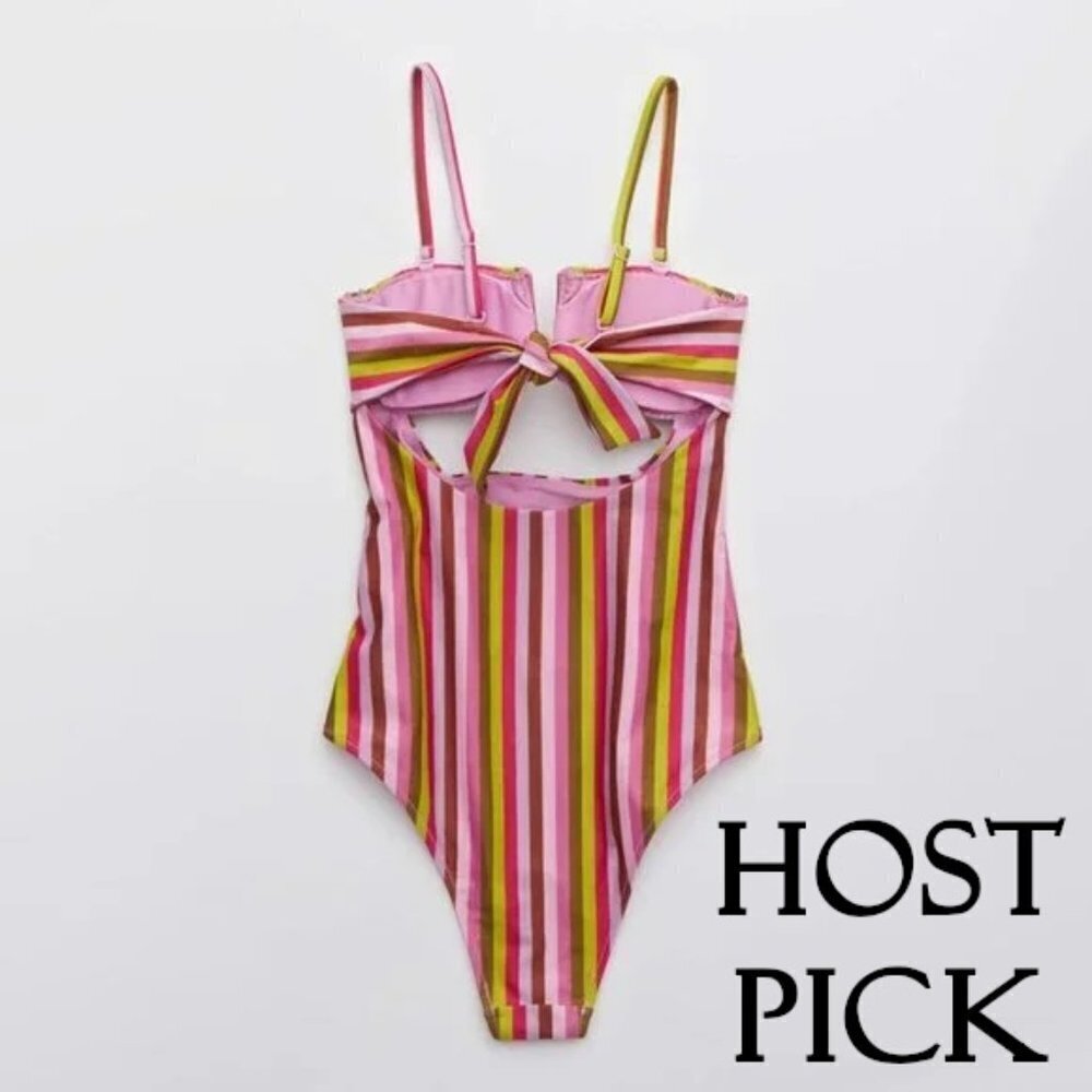 NWOT Aerie multicoloured striped smocked bandeau one piece swimsuit w/ cutouts